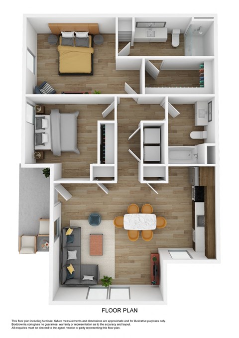a stylized floor plan of a 1 bedroom apartment